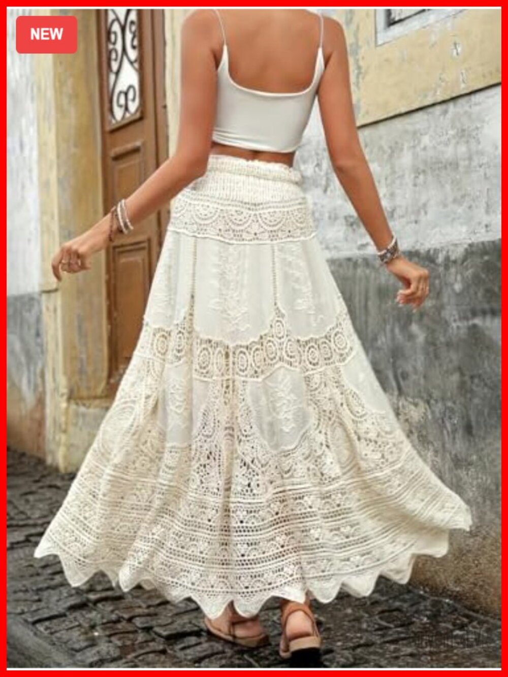 Women's Floral Embroidered Knit Maxi Skirt, Elastic Waist Flared A-Line Long - Picture 4 of 6